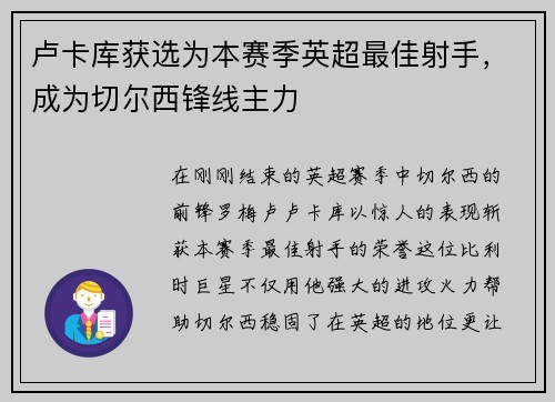 卢卡库获选为本赛季英超最佳射手，成为切尔西锋线主力