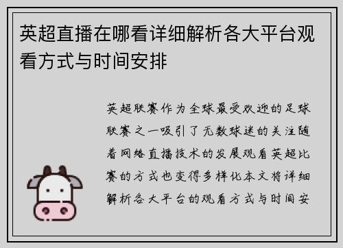 英超直播在哪看详细解析各大平台观看方式与时间安排