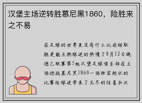 汉堡主场逆转胜慕尼黑1860，险胜来之不易